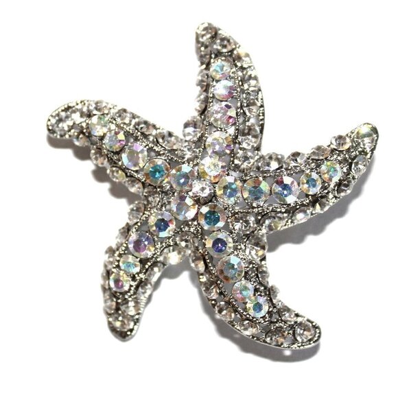 2" x 2" Womens Silver Starfish Crystal Brooch Pin Clear Aurora Borealis Ab - Picture 1 of 4